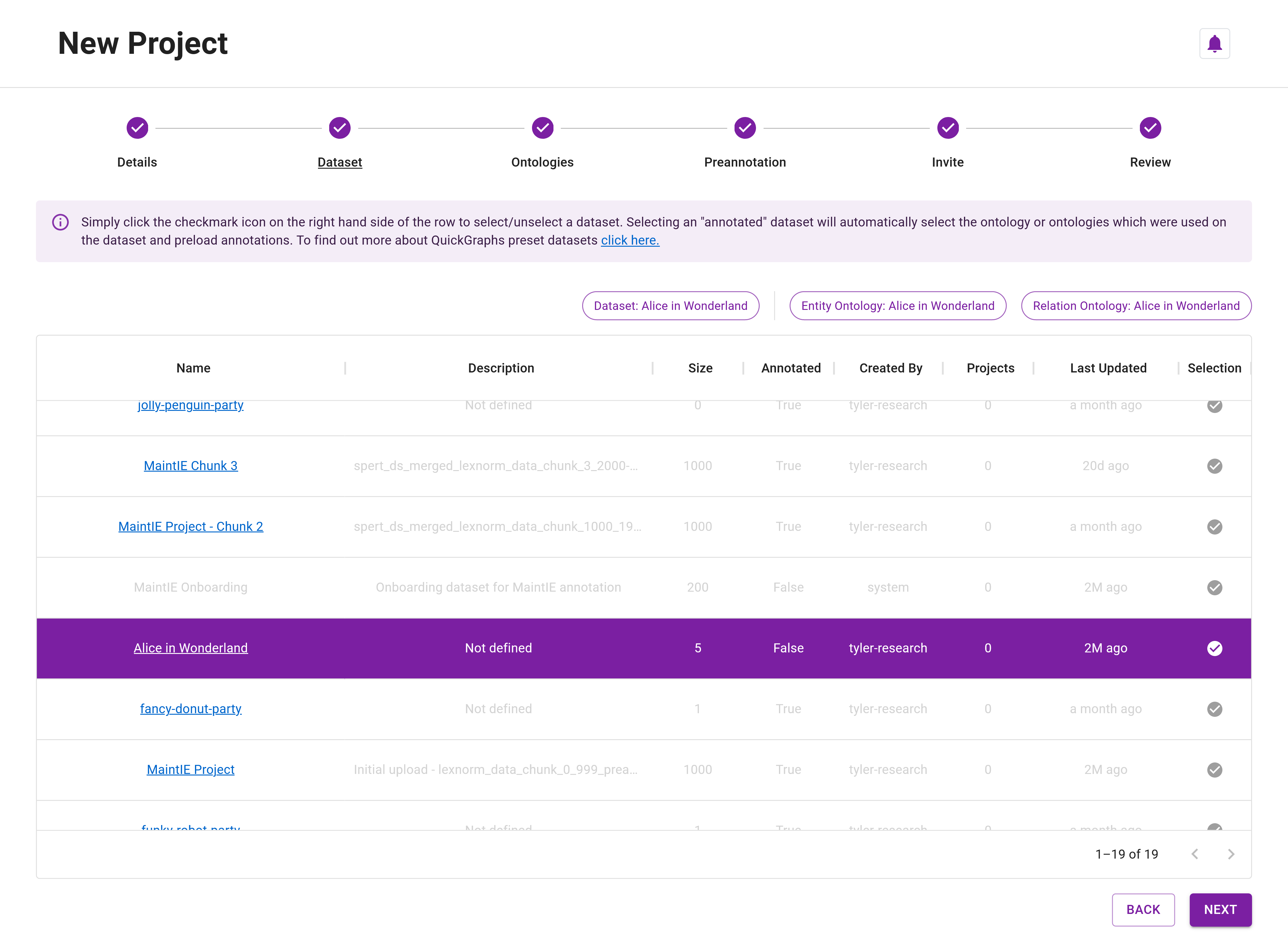 Tutorial Project Creation - Datasets