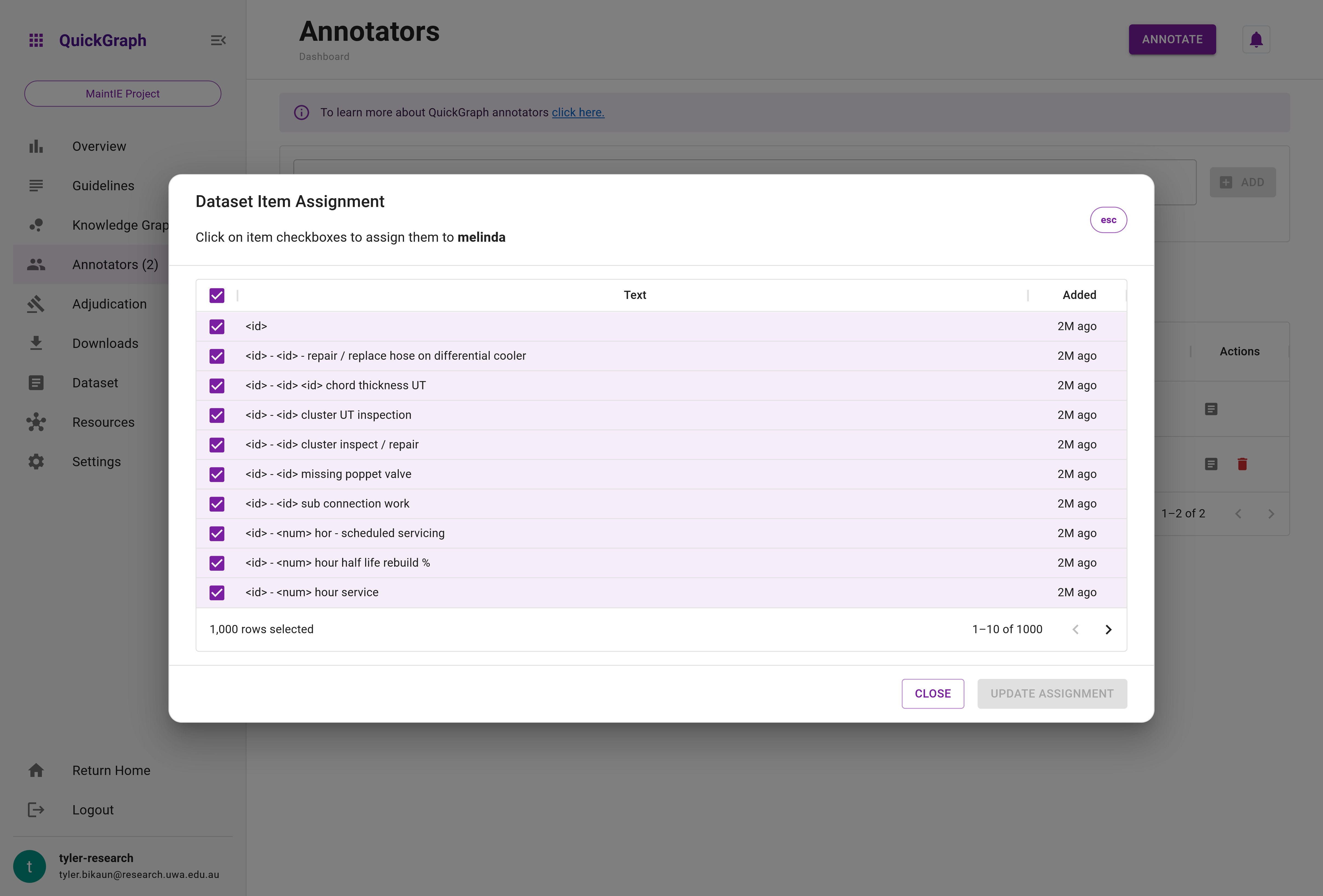 QuickGraph Dashboard Annotators Dataset Item Assignment