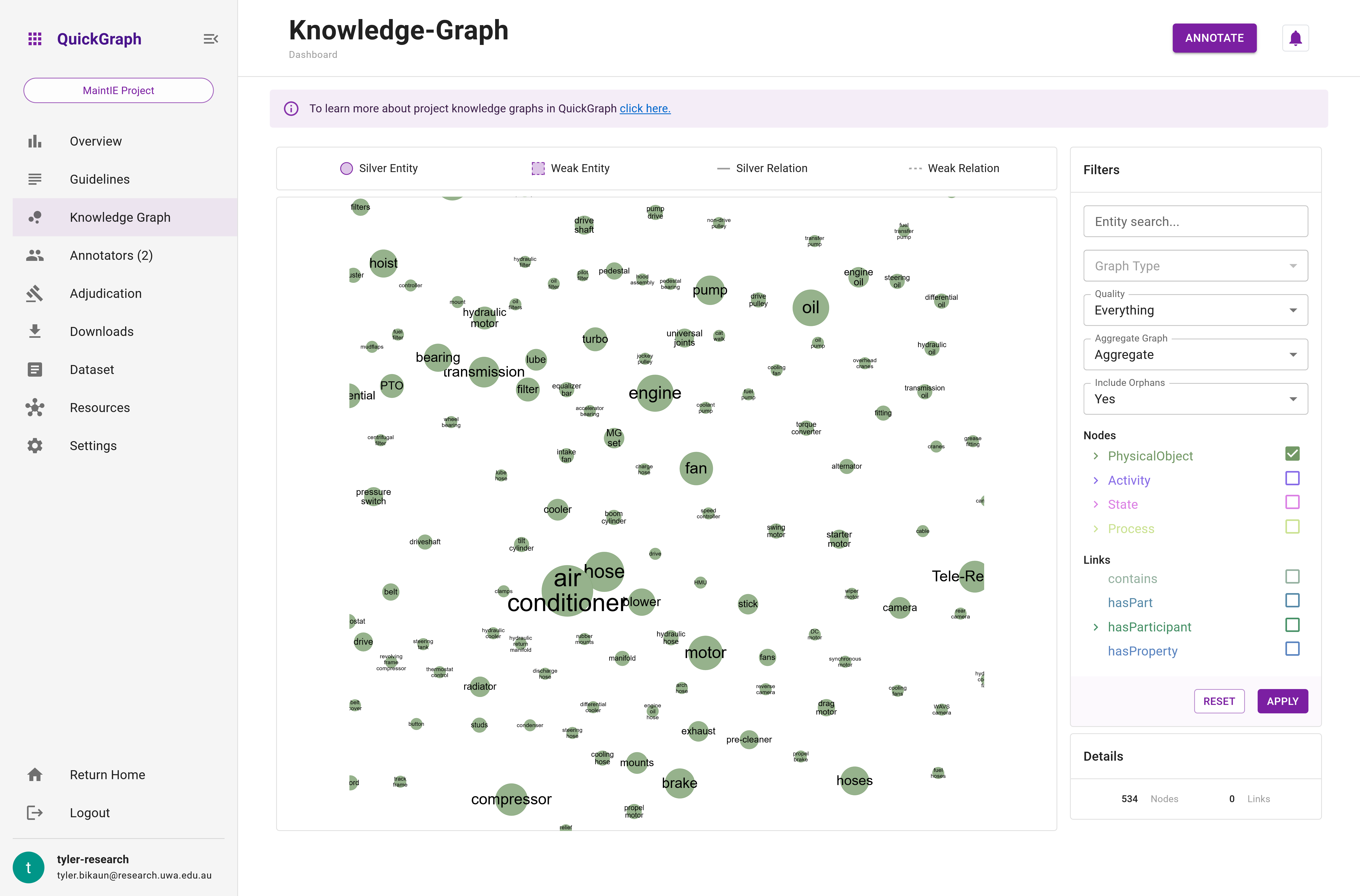 QuickGraph Dashboard Knowledge Graph Entity Filter