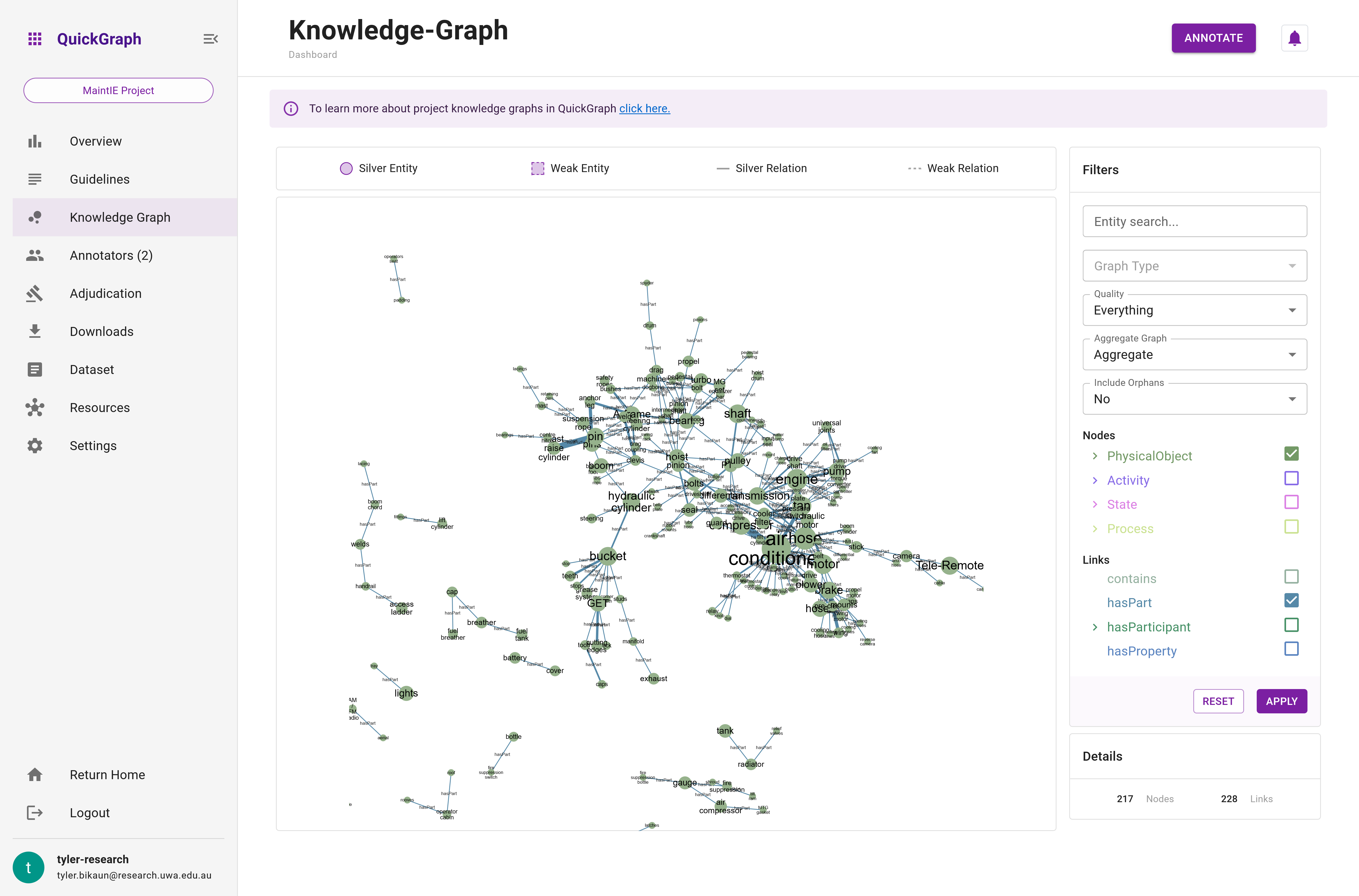 QuickGraph Dashboard Knowledge Graph Entity Relation Filter No Orphans