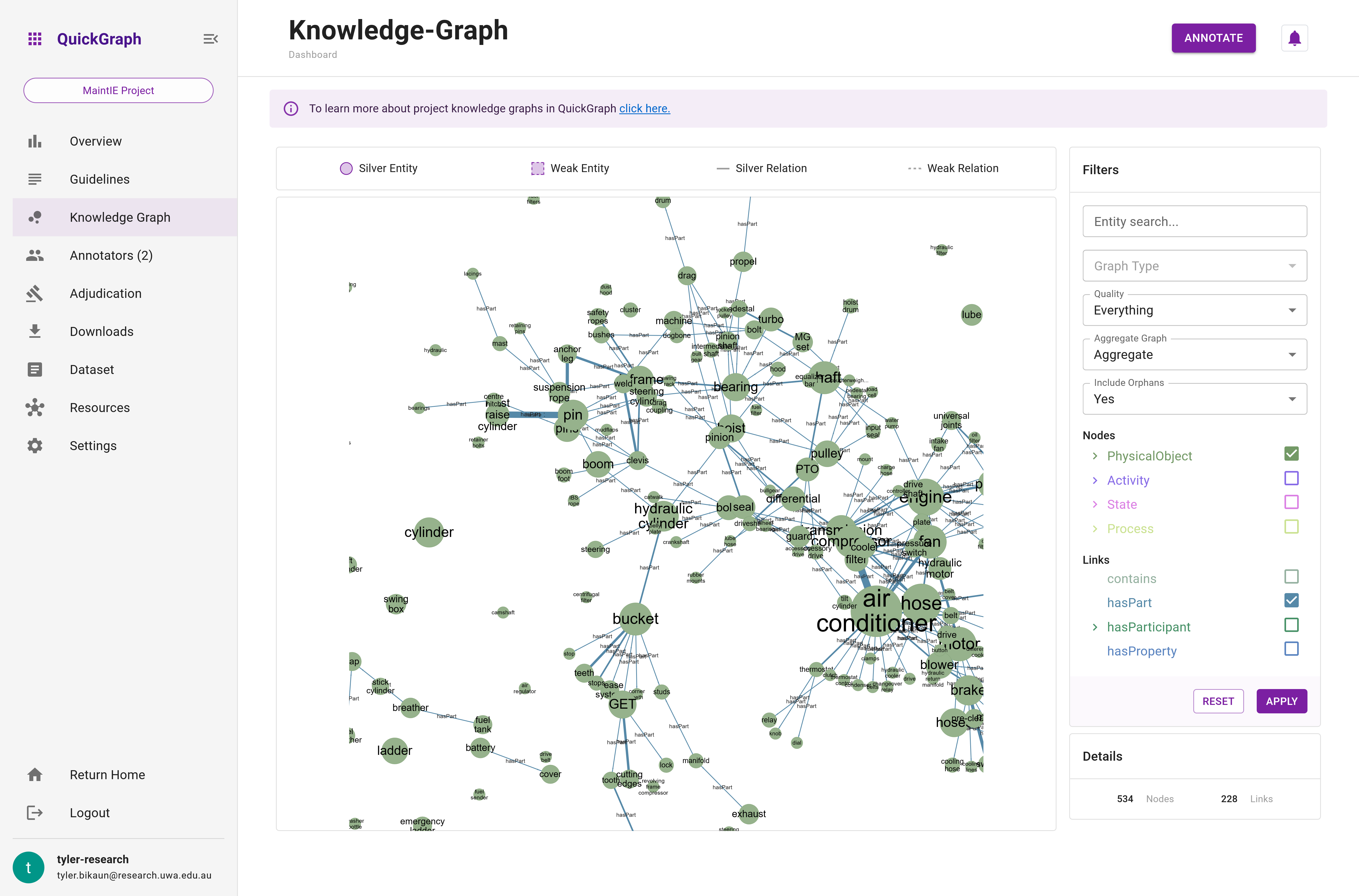 QuickGraph Dashboard Knowledge Graph Entity Relation Filter