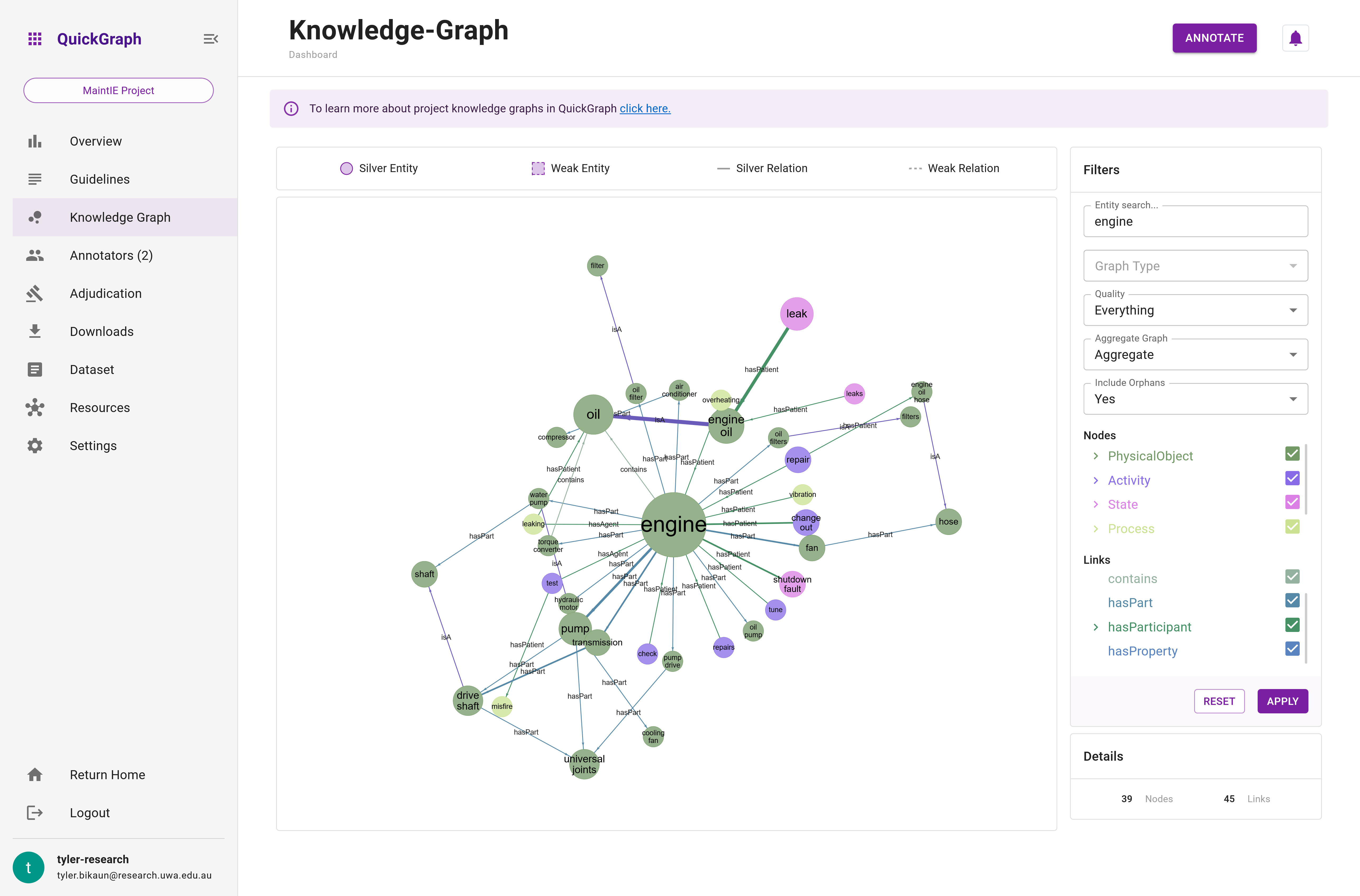 QuickGraph Dashboard Knowledge Graph Entity Search