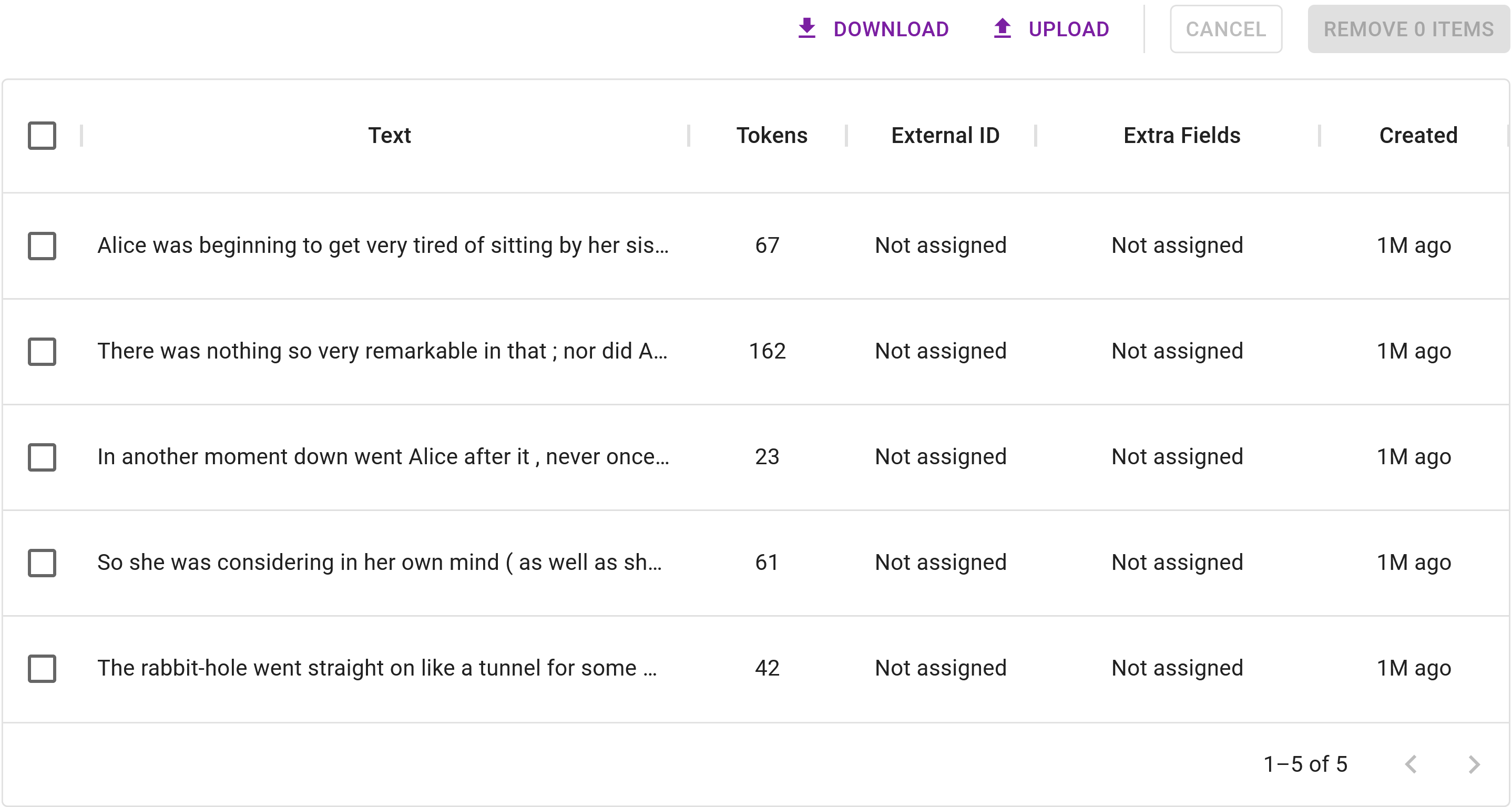 Dataset Management - Table